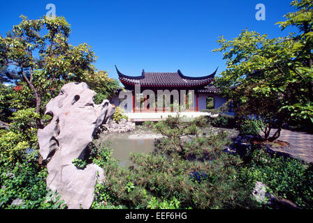 Il dott. Sun Yat-Sen classico giardino Cinese in Chinatown, Vancouver, BC, British Columbia, Canada - 'Moon Gate", Taihu Rock, estate Foto Stock