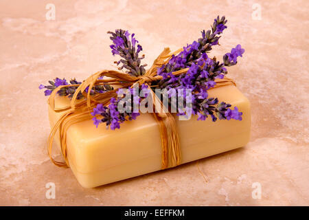 Un bar di fatti a mano sapone di lavanda decorato con un fresco e lavanda. Sapone di lavanda. Foto Stock