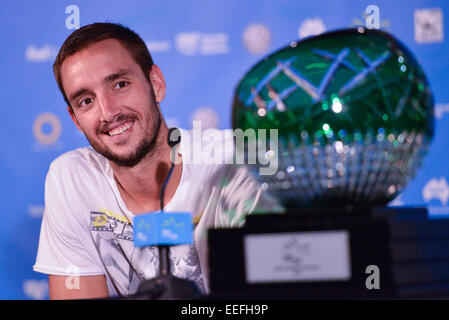 Sydney, Australia. Xvii gen, 2015. Victor Troicki (SRB) alla sua conferenza stampa dopo la sconfitta di Mikhail Kukushkim (KAZ) all'Apia International Sydney. Troicki ha vinto la partita 6-2, 6-3. Credit: Azione Plus immagini di sport/Alamy Live News Foto Stock