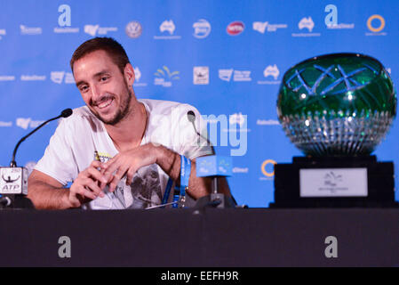 Sydney, Australia. Xvii gen, 2015. Victor Troicki (SRB) alla sua conferenza stampa dopo la sconfitta di Mikhail Kukushkim (KAZ) all'Apia International Sydney. Troicki ha vinto la partita 6-2, 6-3. Credit: Azione Plus immagini di sport/Alamy Live News Foto Stock