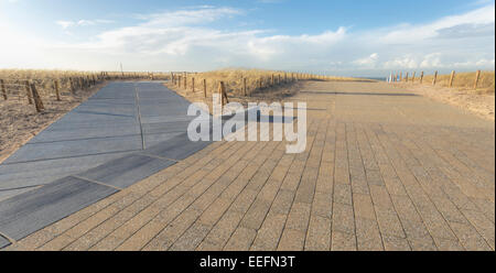 Katwijk aan Zee, South Holland, Paesi Bassi: due sentieri che conducono alla spiaggia e mare del Nord. Foto Stock