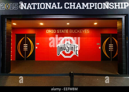 Arlington, Texas, Stati Uniti d'America. Xii gen, 2015. La Ohio State Buckeyes Locker room durante il College Football Playoff campionato nazionale di gioco tra la Ohio State Buckeyes e l'Oregon Ducks di AT&T stadium di Arlington, Texas. Il Buckeyes sconfitto le anatre 42-20. © csm/Alamy Live News Foto Stock