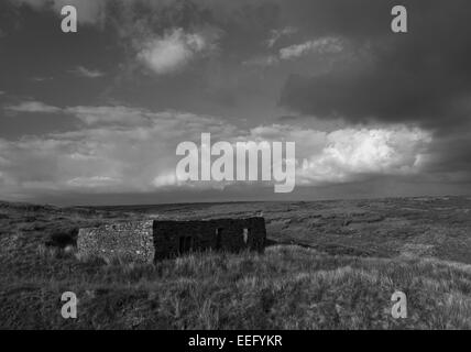 Rimmon Cottage - edificio in rovina sulla corteccia di vela Moss Foto Stock