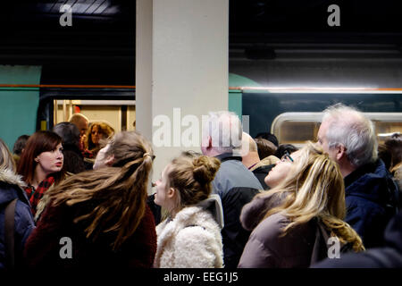 L' Aeroporto di Gatwick di Londra, Regno Unito. Xvii gen, 2015. Rampa meridionale del caos. Il tormentato Sud della linea ferroviaria è stata gettata nel caos più oggi come un errore di segnalazione a tre ponti che si è verificato al tempo stesso come opere di ingegneria sono state prendendo il posto sulla linea. I viaggiatori cercano di ottenere da Londra al sud della costa è stato chiesto di usare almeno 3 treni prima di ottenere una sostituzione rampa servizio bus. Le immagini mostrano la folla presso l' Aeroporto di Gatwick cercando di trovare un modo per continuare il loro viaggio. Credito: JEP News/Alamy Live News Foto Stock