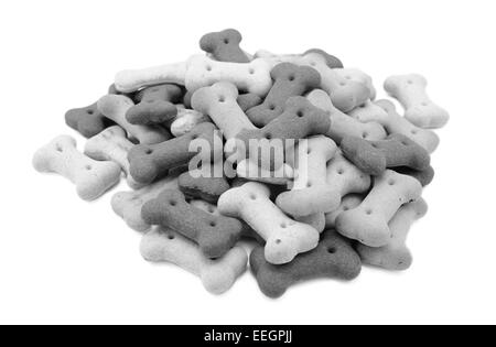 Essiccati misti biscotti di cane, isolata su uno sfondo bianco - elaborazione monocromatica Foto Stock