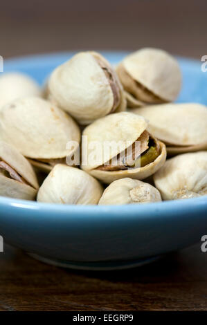 Piccolo Blu ciotola di pistacchi di Bronte su sfondo scuro Foto Stock