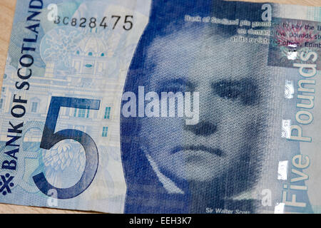 Sir Walter Scott sul polimero bank of Scotland cinque libbre banconota Foto Stock
