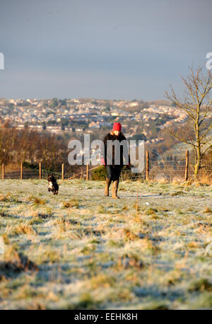 Brighton, Regno Unito. 19 gennaio 2015. Una signora gode di una splendida frosty mattina con il suo cane a Hollingbury nella periferia settentrionale di Brighton. Il freddo è stato previsto per la Gran Bretagna per la prossima settimana con avvisi di neve e di ghiaccio. Foto Stock