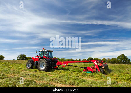 Agricoltore la falciatura di erba per haylage in estate in Norfolk, Regno Unito Foto Stock