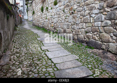 Acciottolate, vicolo ascendente nella parte vecchia della città di Oporto in Portogallo. Foto Stock
