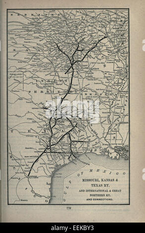 Una mappa dal Poor's Manual of Railroads, edizione 1891, raffigurante i percorsi della Missouri, Kansas e Texas Railway. Questa ferrovia fu una parte vitale delle infrastrutture di trasporto negli Stati Uniti centrali durante la fine del XIX secolo. Foto Stock
