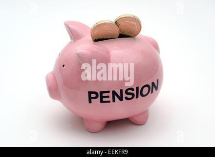 PIGGYBANK con cancelletto monete e parola pensione re i costi prezzi budget familiari Pensione società rendita Risparmi pensione REGNO UNITO Foto Stock