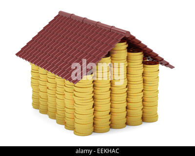 3D render di monete d'oro casa isolata su sfondo bianco Foto Stock