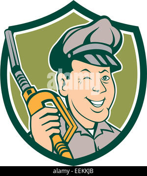 Illustrazione di gas a benzina attendant lavoratore winking sorridente holding pompa carburante set di ugelli all'interno della protezione sulla cresta isolato Foto Stock