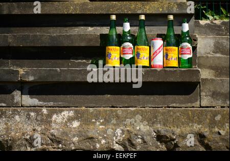 Bere bottiglie e lattine a sinistra su un monumento nella necropoli di Glasgow Foto Stock