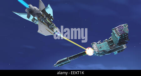 Una battaglia ne deriva come un veicolo spaziale da combattimento di blasti un grande nemico corazzata con un fascio laser. Foto Stock