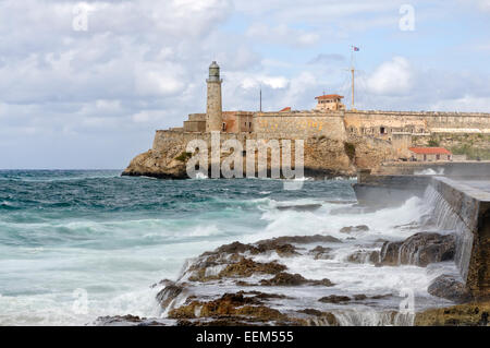 Faro, Castillo de los Tres Reyes del Morro, Malecón, Centro Habana, Avana, Ciudad de La Habana, Cuba Foto Stock