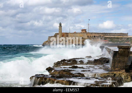 Faro, Castillo de los Tres Reyes del Morro, Malecón, Centro Habana, Avana, Ciudad de La Habana, Cuba Foto Stock