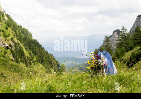 Zaino con attaccato il bouquet di appena raccolto fiori alpini sulla sommità di una valle di montagna Foto Stock