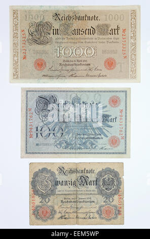 Reichsbank banconote, mille marchi, 1910, un centinaio di marchi, 1908, venti marchi, 1914, anteriore Foto Stock