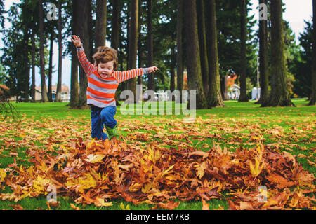 Ragazzo che gioca con foglie d'autunno nel giardino, Stati Uniti Foto Stock