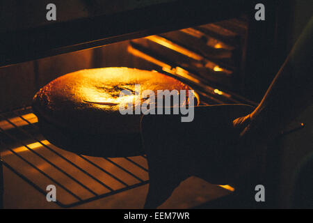 Primo piano di una donna che prende una torta fuori dal forno Foto Stock