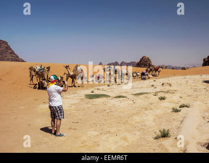 Il paesaggio del deserto con tourist cammelli in attesa presso Wadi Rum, Giordania Foto Stock