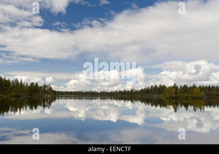 Wolke spiegeln sich in einem vedere im Naturreservat Rogen, Haerjedalen, Schweden, Agosto 2011 Foto Stock