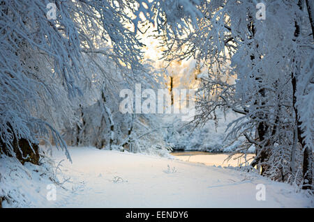 Un sacco di neve sulla strada che corre vicino a semi-congelato stagno. Foto Stock