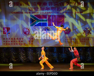 Johannesburg, Sud Africa. Xx gen, 2015. Gli atleti eseguire durante un Kongfu mostrano a Johannesburg, Sud Africa, il 20 gennaio 2015. Un totale di dodici visitando gli atleti di Wushu Cinese associazione fatto un Kongfu mostra qui martedì. © Zhai Jianlan/Xinhua/Alamy Live News Foto Stock