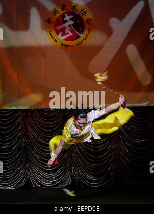 Johannesburg, Sud Africa. Xx gen, 2015. Un atleta svolge durante una Kongfu mostrano a Johannesburg, Sud Africa, il 20 gennaio 2015. Un totale di dodici visitando gli atleti di Wushu Cinese associazione fatto un Kongfu mostra qui martedì. © Zhai Jianlan/Xinhua/Alamy Live News Foto Stock