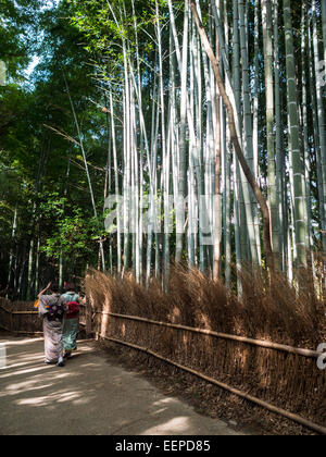 Due donne abbigliate con vestiti tradizionali giapponesi in kimono Arashiyama scanalatura di bambù Foto Stock