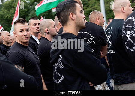 Budapest, Ungheria. 26 Maggio, 2014. L'ala destra bikers raccogliere durante un rally dei nazionalisti. (Credito Immagine: © Peter Bauza/zReportage.com via ZUMA Press) Foto Stock