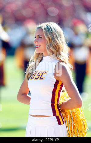 Los Angeles, CA, Stati Uniti d'America. Il 30 agosto, 2014. USC Trojans cheerleader in azione durante il NCAA Football gioco tra il Raschino di Fresno membro Bulldogs e l'USC Trojans al Colosseo in Los Angeles, California.Charles Baus/CSM/Alamy Live News Foto Stock