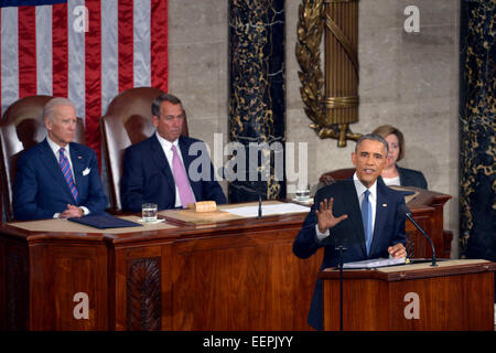 Washington, DC, Stati Uniti d'America. Xx gen, 2015. Stati Uniti Il presidente Barack Obama fornisce lo stato dell'Unione indirizzo a una sessione congiunta del Congresso sul Campidoglio di Washington, DC, Stati Uniti, 20 gennaio, 2015. Credito: Yin Bogu/Xinhua/Alamy Live News Foto Stock