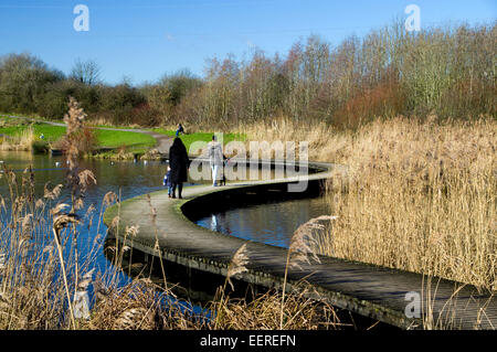 Passerella curvi, Lamby Lago, Tredelerch Park, Lamby modo, Cardiff, Galles del Sud. Foto Stock