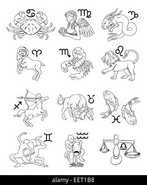 I dodici astrologia oroscopo segni dello zodiaco. Aquarius Gemini Taurus Aries Scorpione Sagittario Capricorno pesci Cancro Leo Foto Stock