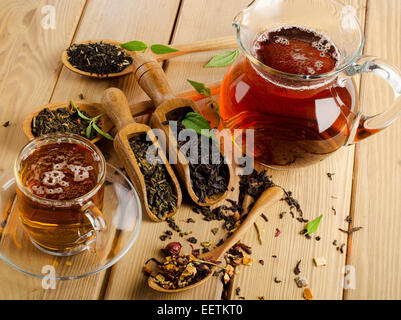 Tazza di tè e un assortimento di tè secco in cucchiaio su uno sfondo di legno. Messa a fuoco selettiva Foto Stock