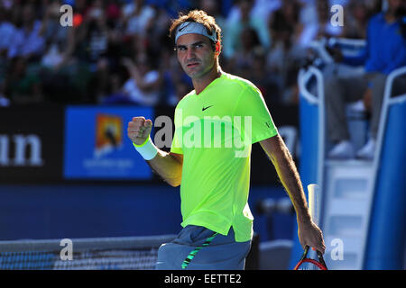 Melbourne Park, Melbourne, Australia. Xxi gen, 2015. Australian Open di tennis da Melbourne Park il giorno 3. Roger Federer (SUI) © Azione Sport Plus/Alamy Live News Foto Stock
