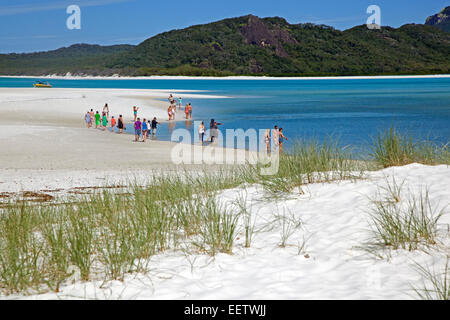 I turisti che visitano la costa di Whitehaven Beach su Whitsunday Island in mare di corallo, Queensland, Australia Foto Stock