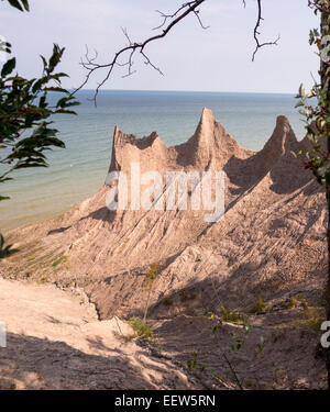 Scogliere di argilla erosione lungo la riva del lago Ontario. I camini di rosa di picco argilla formata come risultato di erosione del litorale Foto Stock