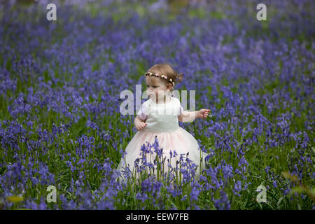 Flowergirl in un bosco pieno di wild bluebells in primavera. Foto Stock