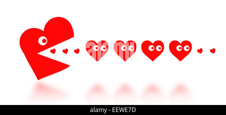 Concetto di dating - big Pacman cuore in caccia di piccoli cuori - rosso Foto Stock