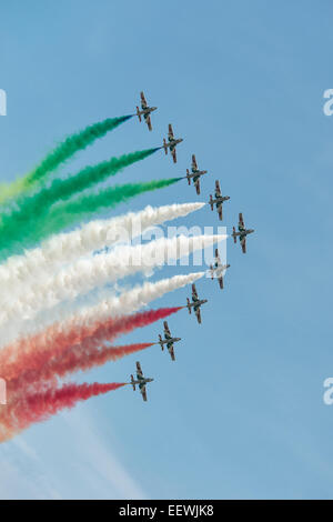 Nove aeromobili dall'Aeronautica Militare Display Aerobatic Team le Frecce Tricolori in straordinariamente precisa formazione Foto Stock