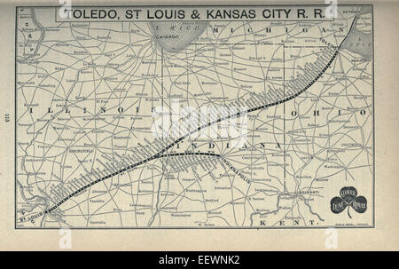 Una mappa del Poor's Manual of Railroads, edizione del 1897, raffigurante la Toledo, St. Louis e Kansas City Railroad, un percorso di trasporto essenziale negli Stati Uniti centrali durante la fine del XIX secolo, contribuendo alla crescita economica della regione. Foto Stock