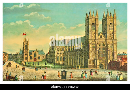 L'Abbazia di Westminster e Chiesa di St Margaret 1793 Londra Inghilterra Georgian pavimentazione strada gotica Collegiata Foto Stock