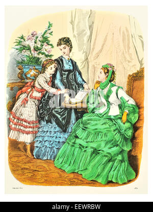 La Mode Illustree 1870 era vittoriana costume moda abito abiti abiti gonna velo balze bracciale mussola cap ricamo Foto Stock