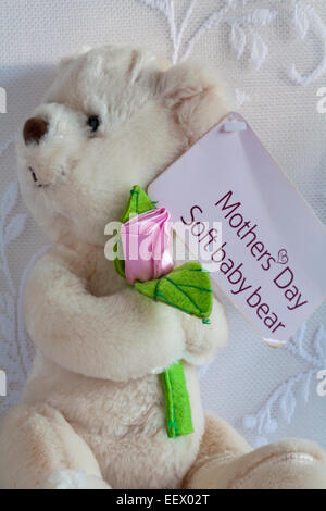 Orsacchiotto di peluche morbido peluche sat holding una rosa rosa con le Madri giorno Soft baby orso etichetta della tag - Festa della Mamma, Mothering domenica presente dono Foto Stock