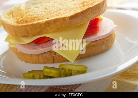 Close up di un salame di tostato e sandwich di formaggio Foto Stock