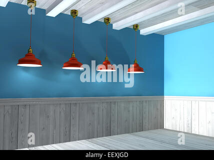 Parete vuota illuminata da lampade sopra,3d render Foto Stock